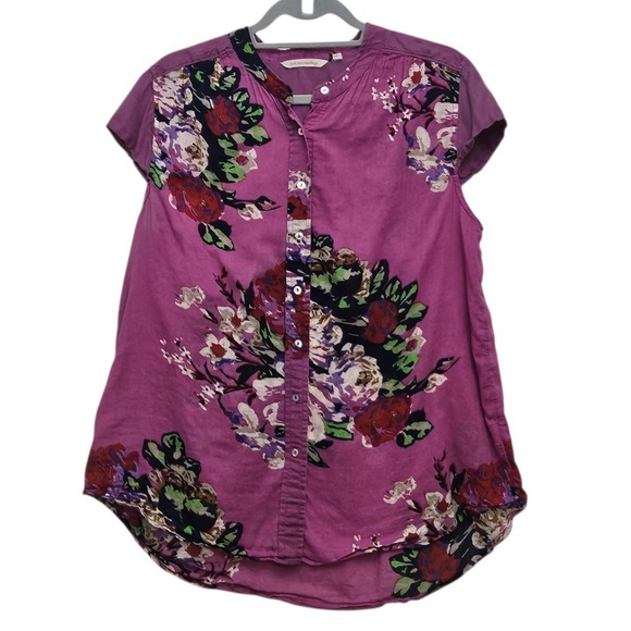 Soft Surroundings Tops - Soft Surroundings‎ Button Front Top PXL Purple Floral Silk Boho Sheer Blouse